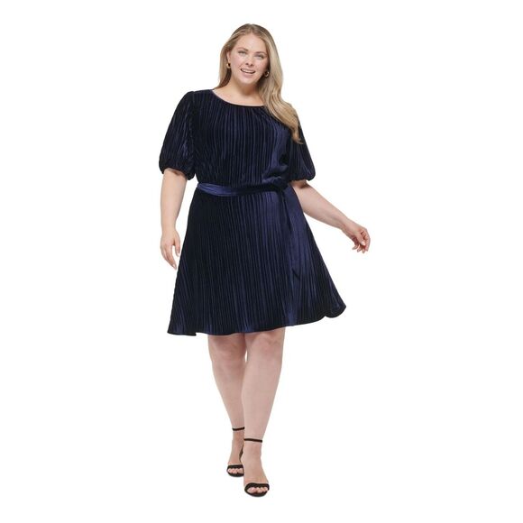 DKNY Blue Belted Balloon Sleeve Above The Knee Fit + Flare Velvet Dress Plus 22W - Picture 1 of 9